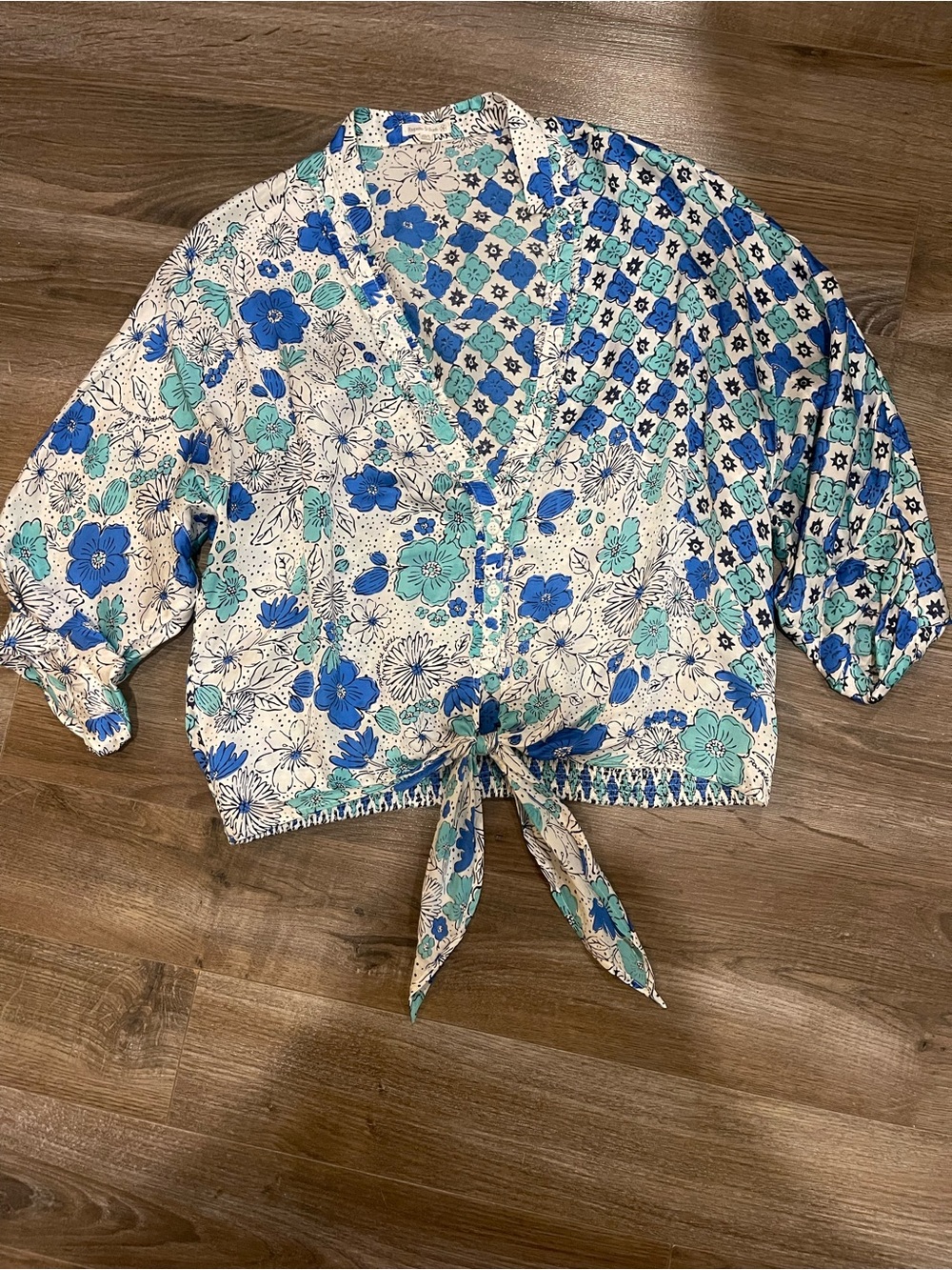Poupette St Barth M/L Floral Tie Front Ruffle Blouse Blue Turquoise